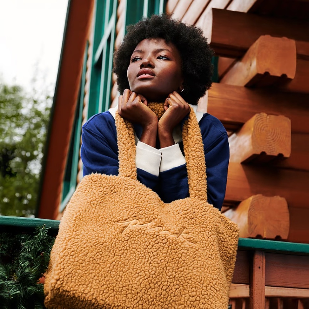 NEW BROWN TEDDY sherpa fluffy TOTE BY PINK VICTORIA SECRET